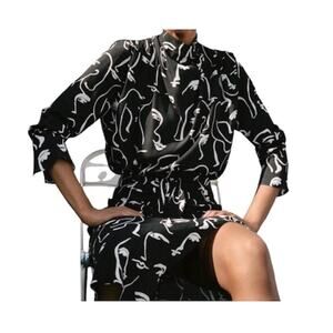Zara Abstract Faces High Neck Cowl Blouse Size XS Black and White